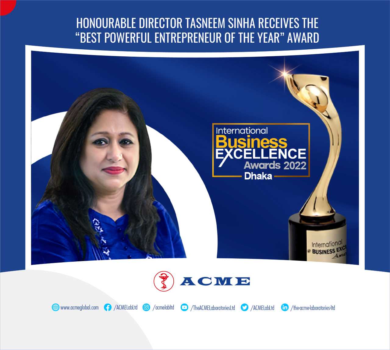 Honourable Director, Ms. Tasneem Sinha receives “Best Powerful Entrepreneur Of The Year” award